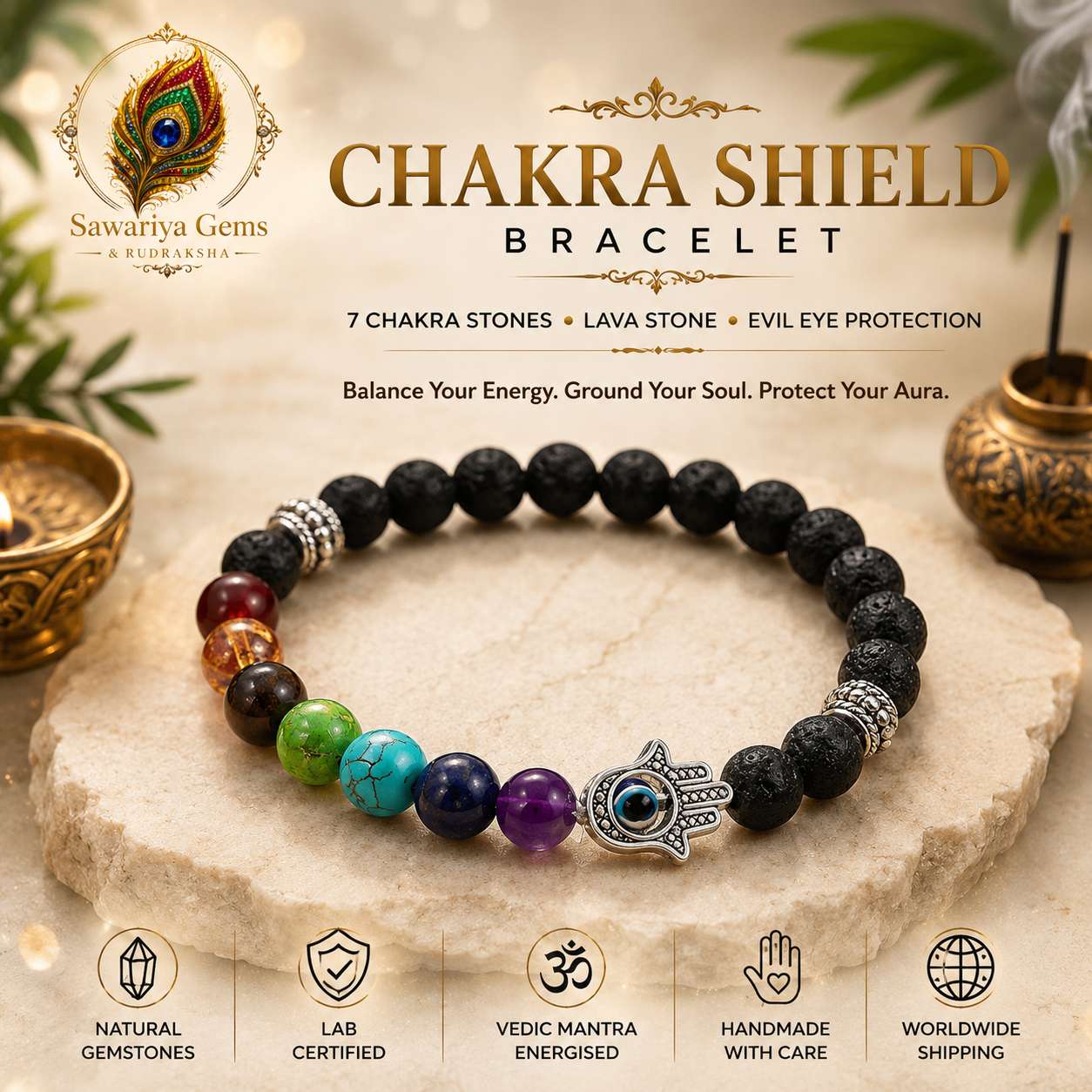 Chakra Shield Bracelet – 7 Chakra, Evil Eye & Lava Stone